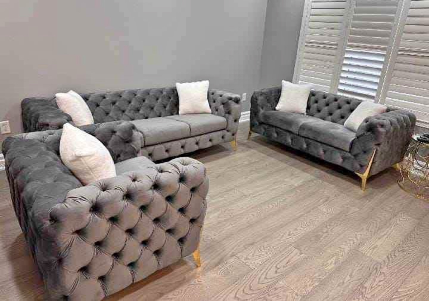 Grey Velvet Button Tufted Sofa Set
