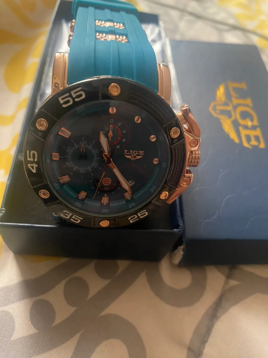 LIGE Men's Chronograph Watch Blue Silicone Band image indicator(2)