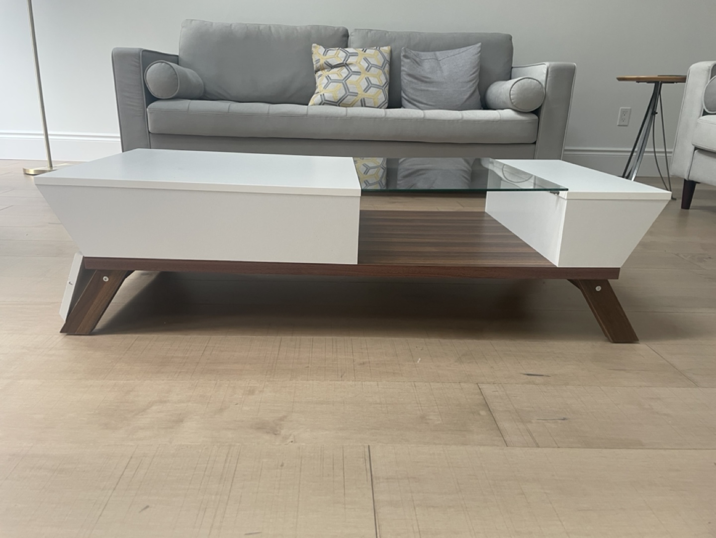 Modern White and Walnut Coffee Table with Lift-Top