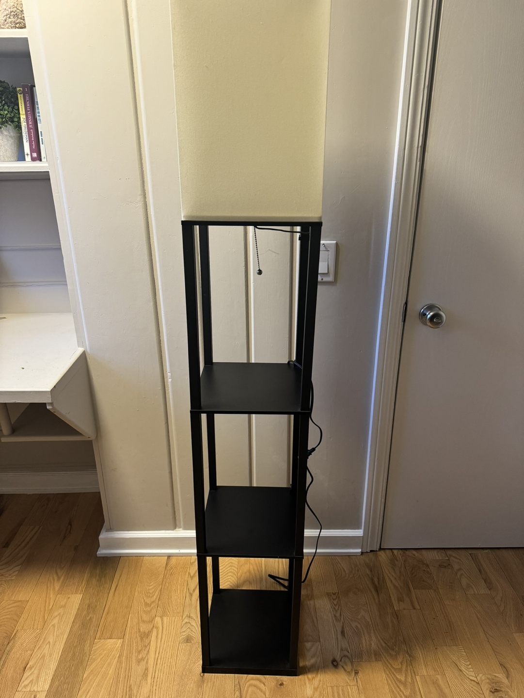 Black Floor Lamp with Shelves and Off-White Shade