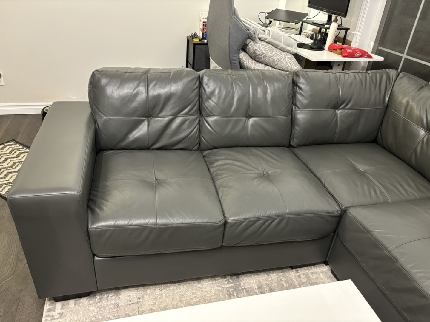 3-Piece Leather Sectional Sofa with Chaise / Grey / Right Facing - photo 5