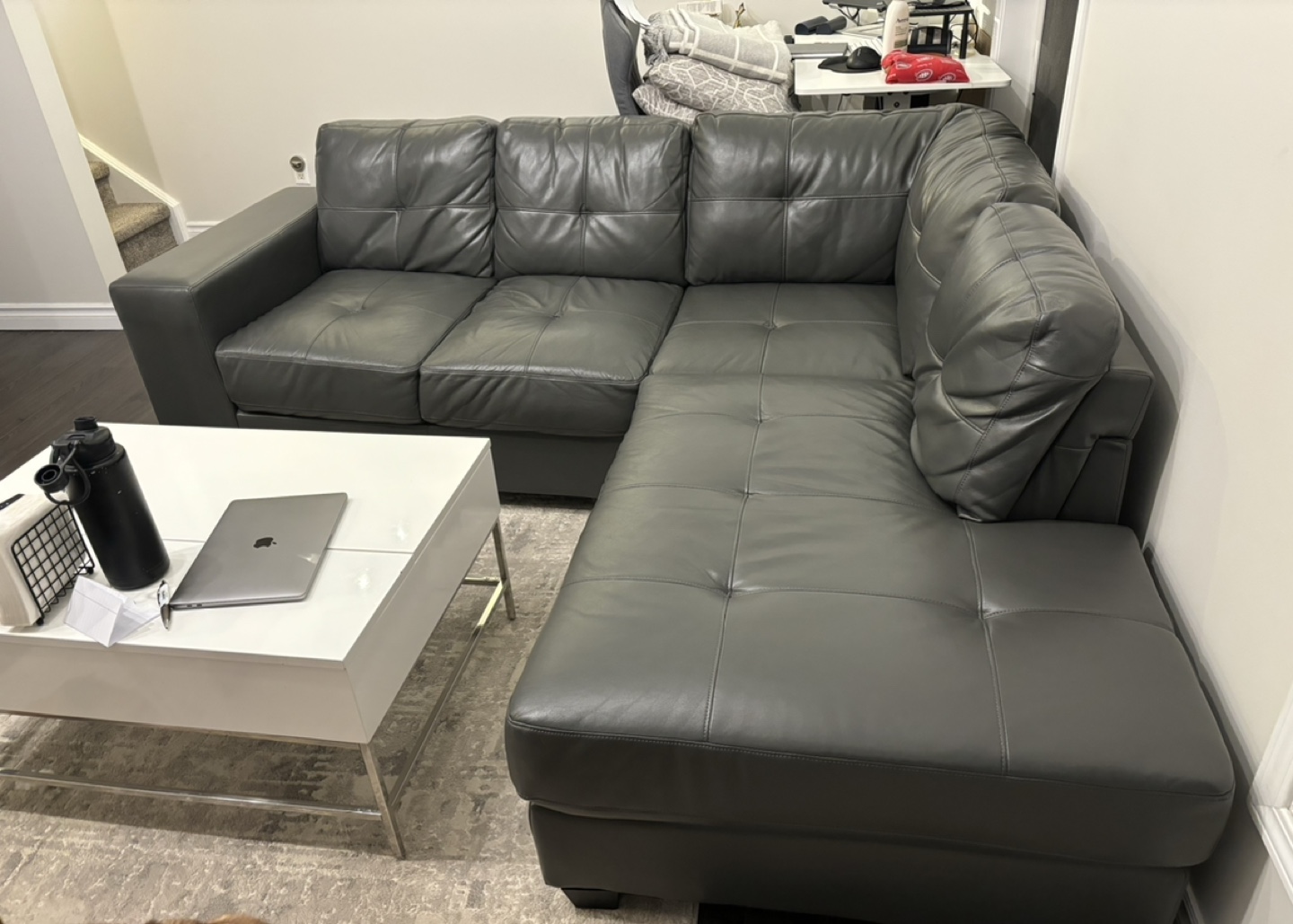3-Piece Leather Sectional Sofa with Chaise / Grey / Right Facing - photo 3