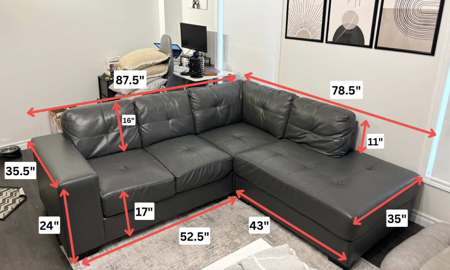 3-Piece Leather Sectional Sofa with Chaise / Grey / Right Facing - photo 2