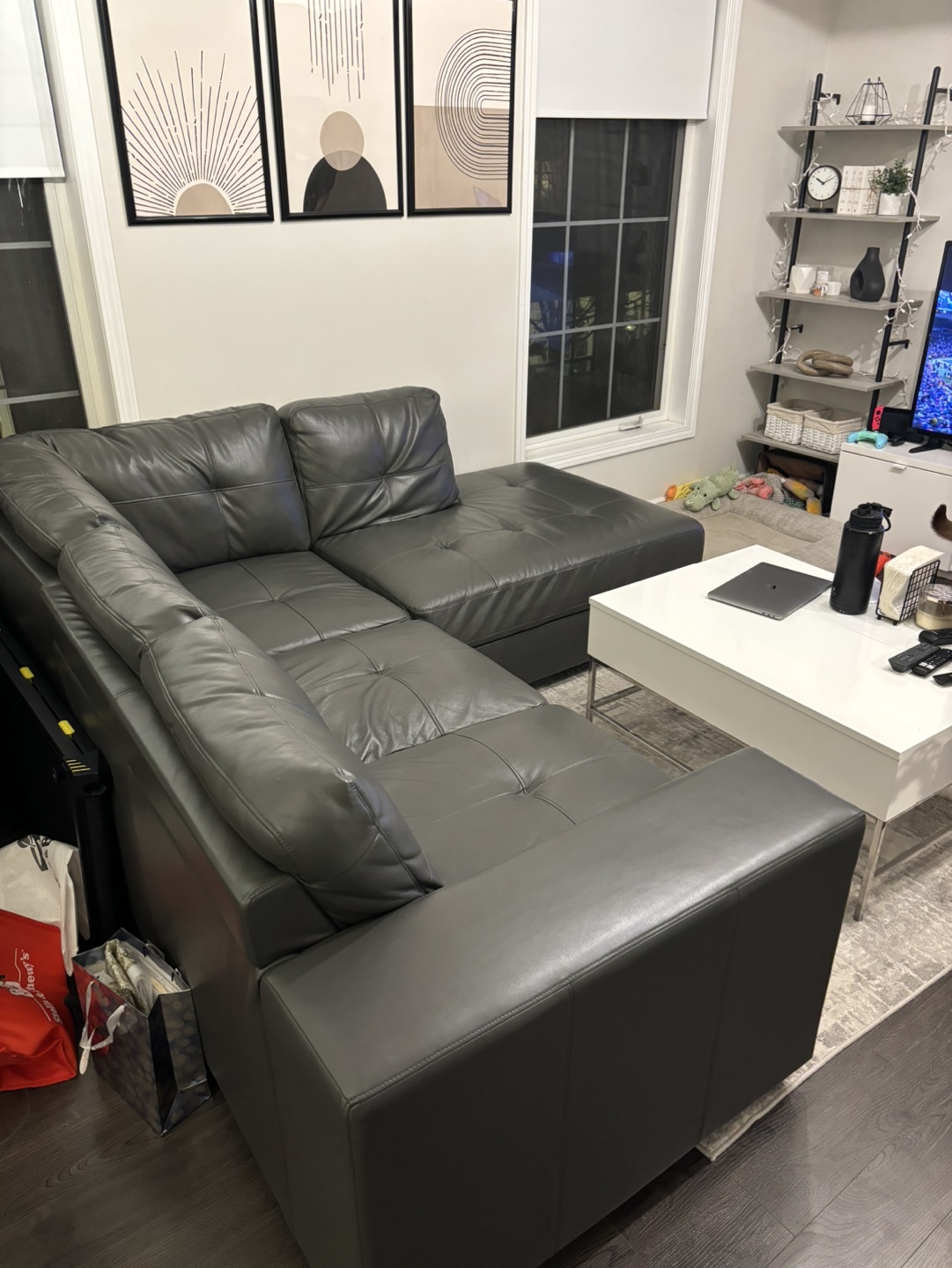 3-Piece Leather Sectional Sofa with Chaise / Grey / Right Facing - photo 4
