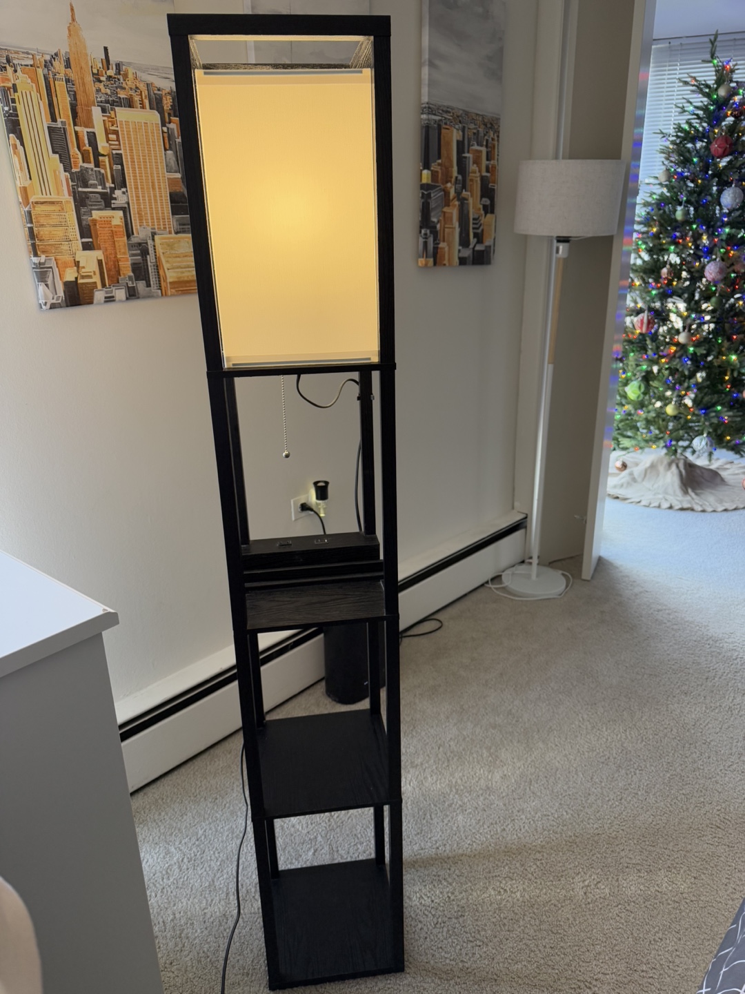 Black Floor Lamp with Built-in Shelves and Outlets