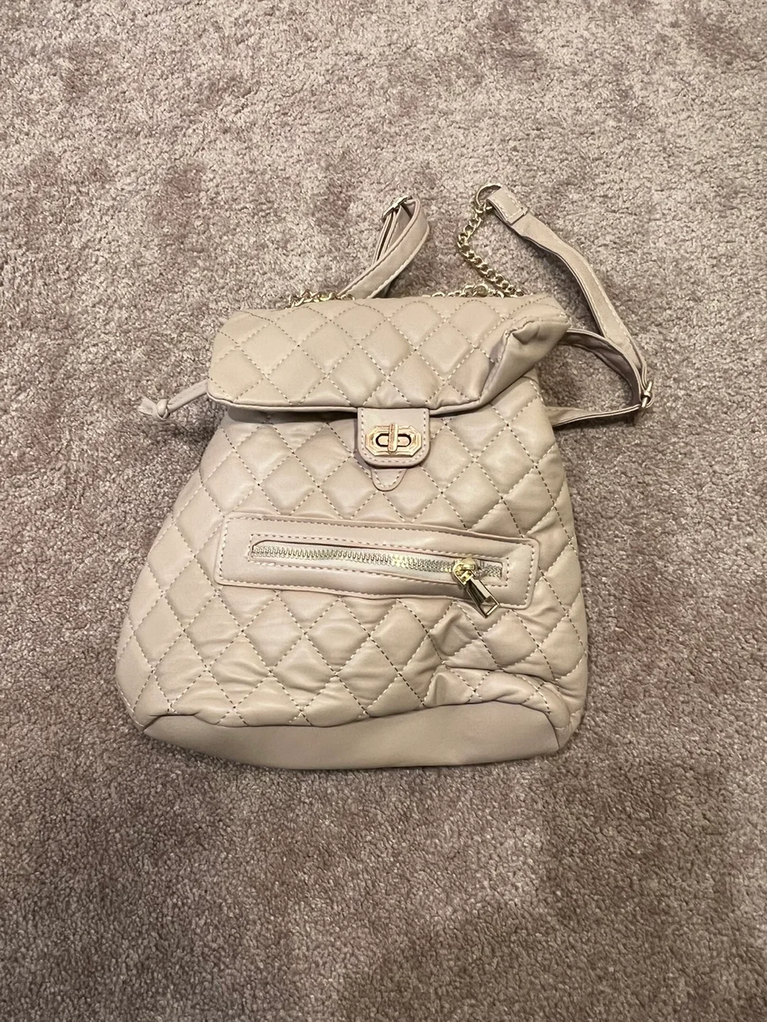 Beige Quilted Mini Backpack Purse thumbnail