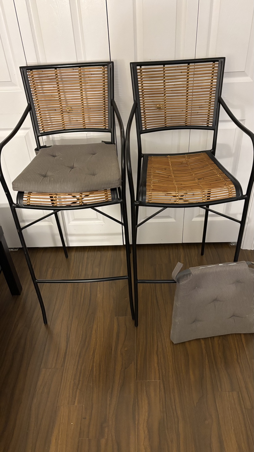 Pair of Black Metal and Rattan Bar Stools with Cushions
