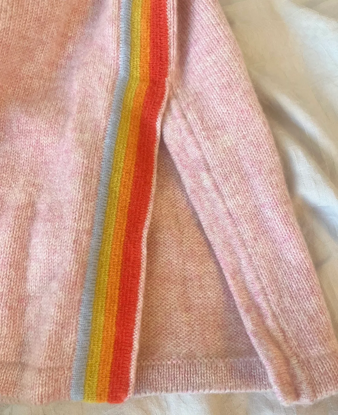 Pink cashmere wide leg pants with rainbow stripes image indicator(4)