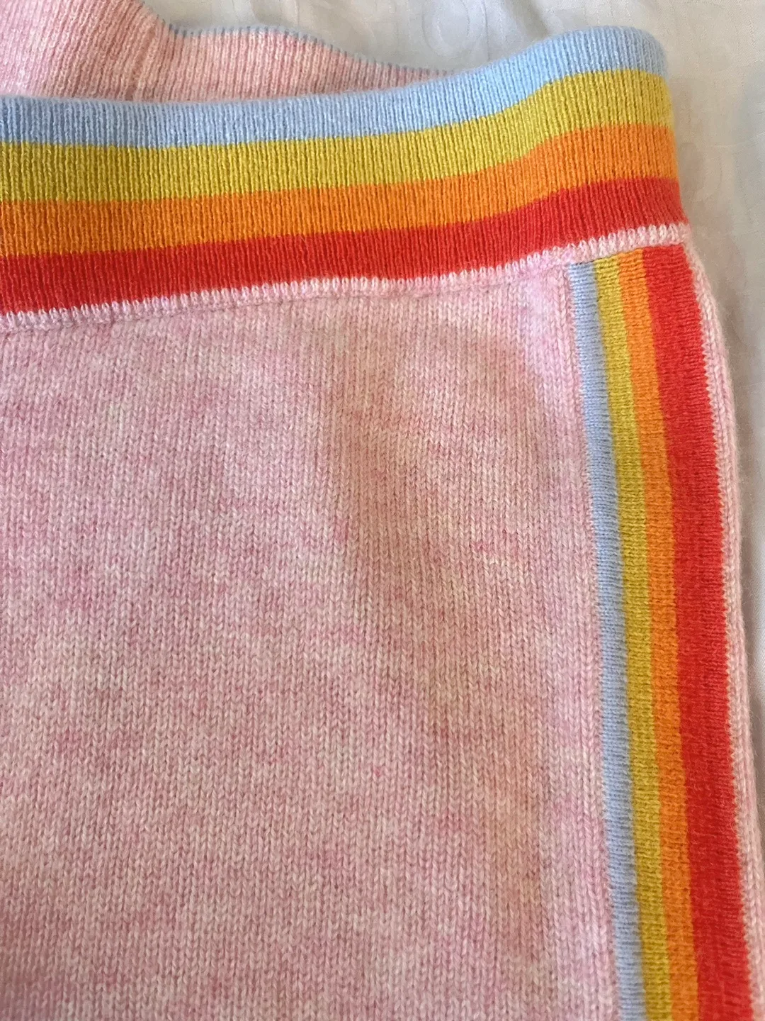 Pink cashmere wide leg pants with rainbow stripes image indicator(3)