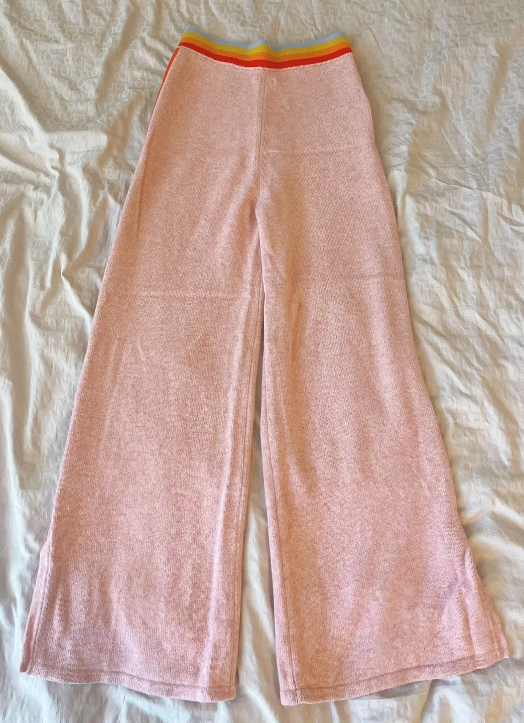 Pink cashmere wide leg pants with rainbow stripes image indicator(2)