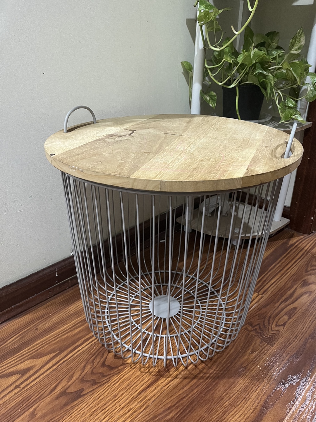 Round gray metal and wood top storage table - photo 2