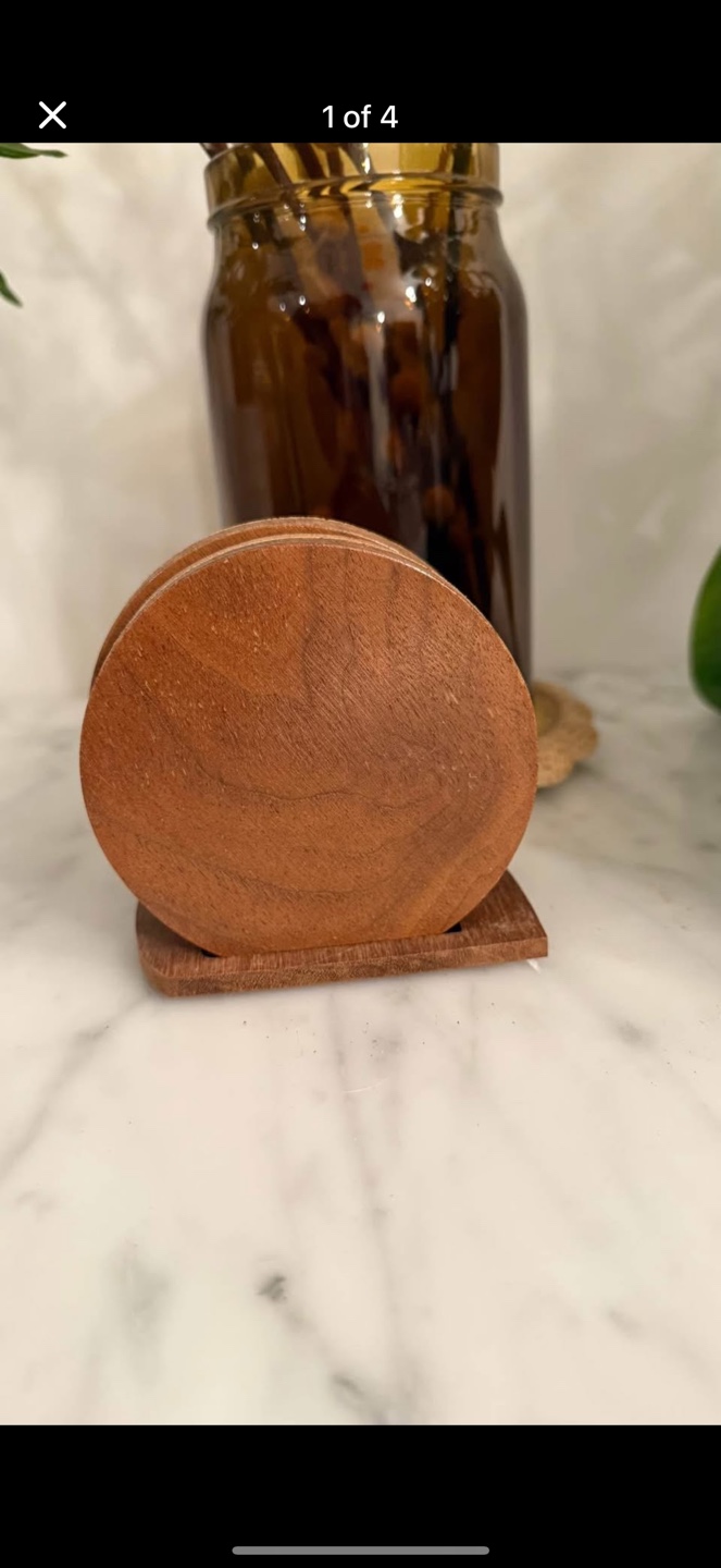 Mid Century Modern Wood and Cork Coasters with Holder