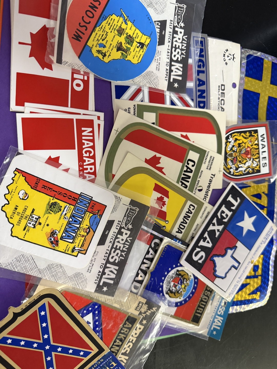 Vintage Decal Lot: Canada, US States, and International Flags