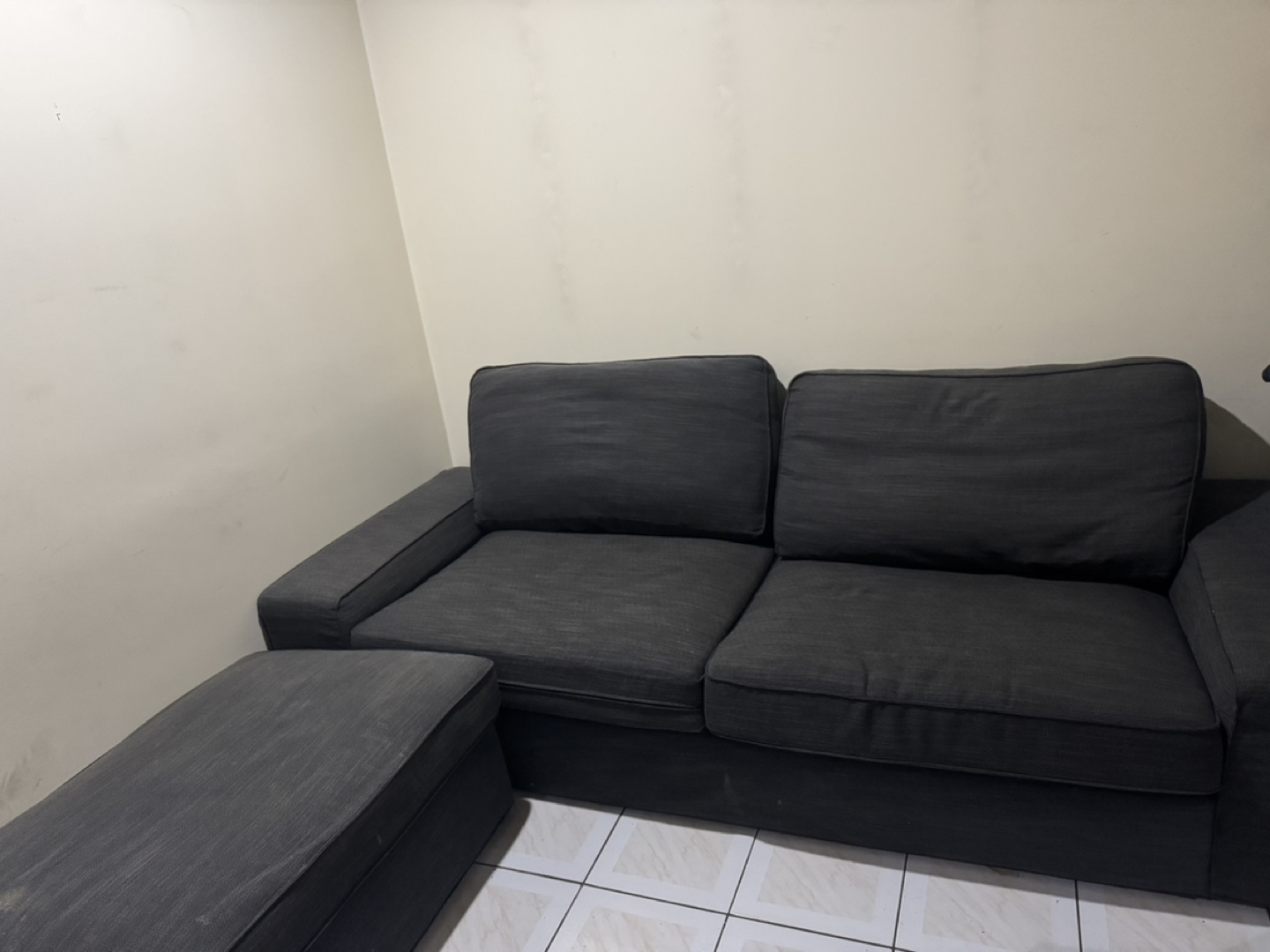 IKEA: 2-seat sofa with ottoman - dark grey