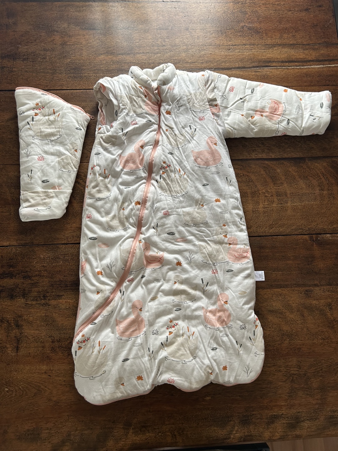 Baby Sleeping Bag with Attached Mittens, Swan Print