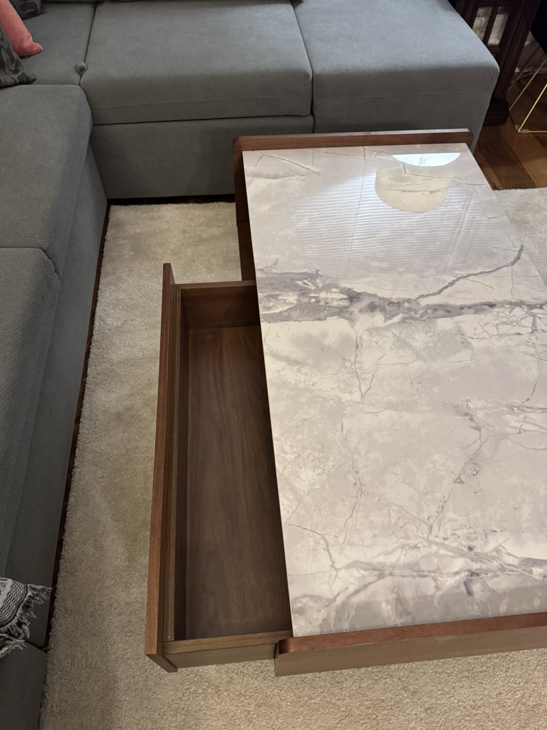 Modern Walnut Coffee Table with Marble Top and Drawer - photo 3