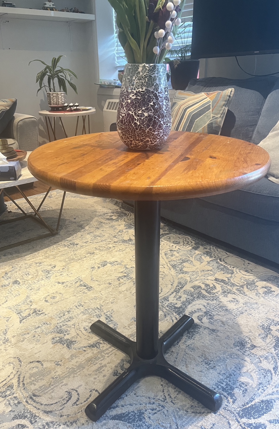 Round Wooden Pub Table with Black Metal Base