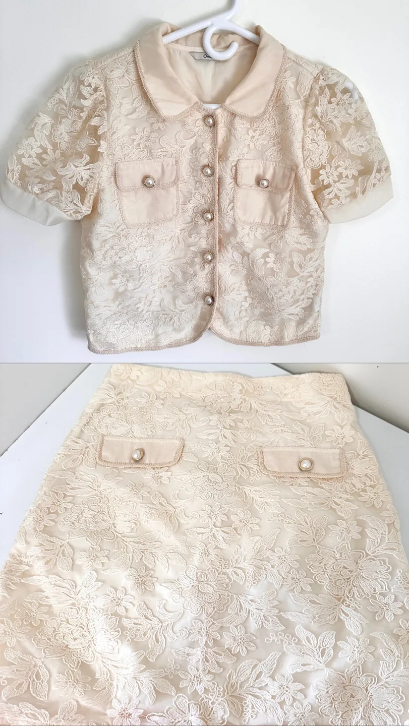 Cream Lace Button-Up Crop Top and Skirt Set thumbnail