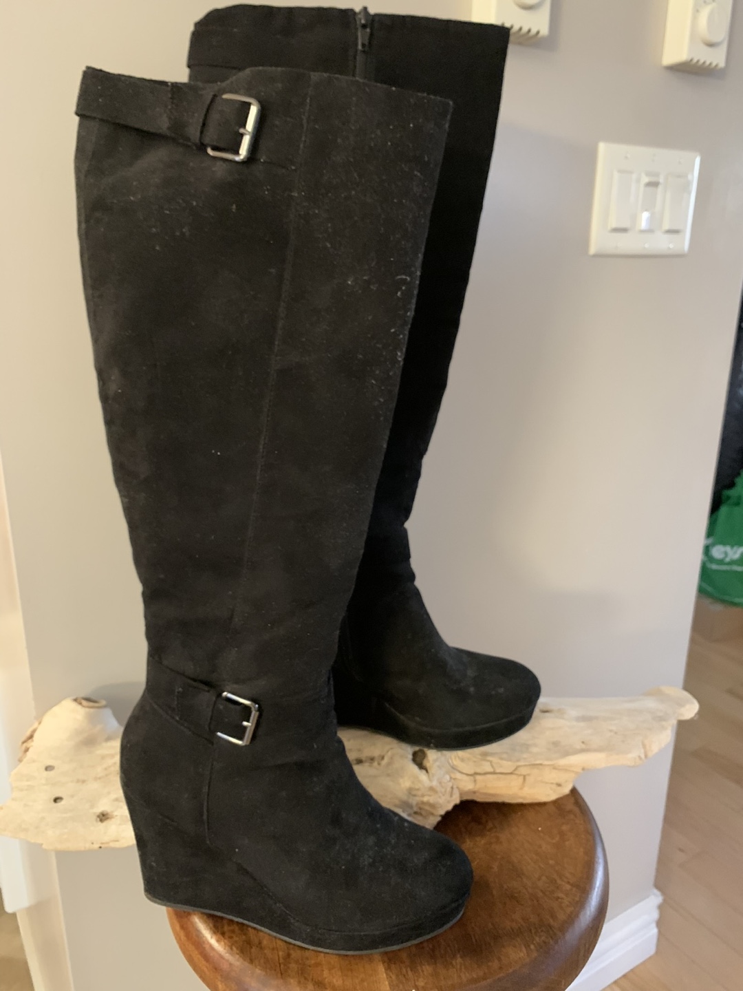 Women's Black Suede Knee-High Wedge Boots - Size 9.5
