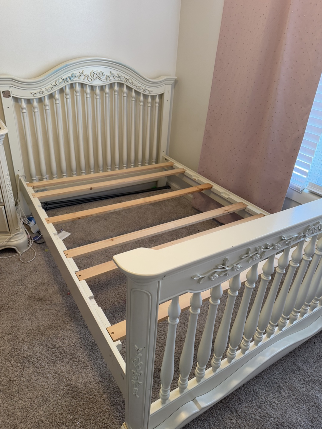 White Full-Size Bed Frame with Ornate Headboard