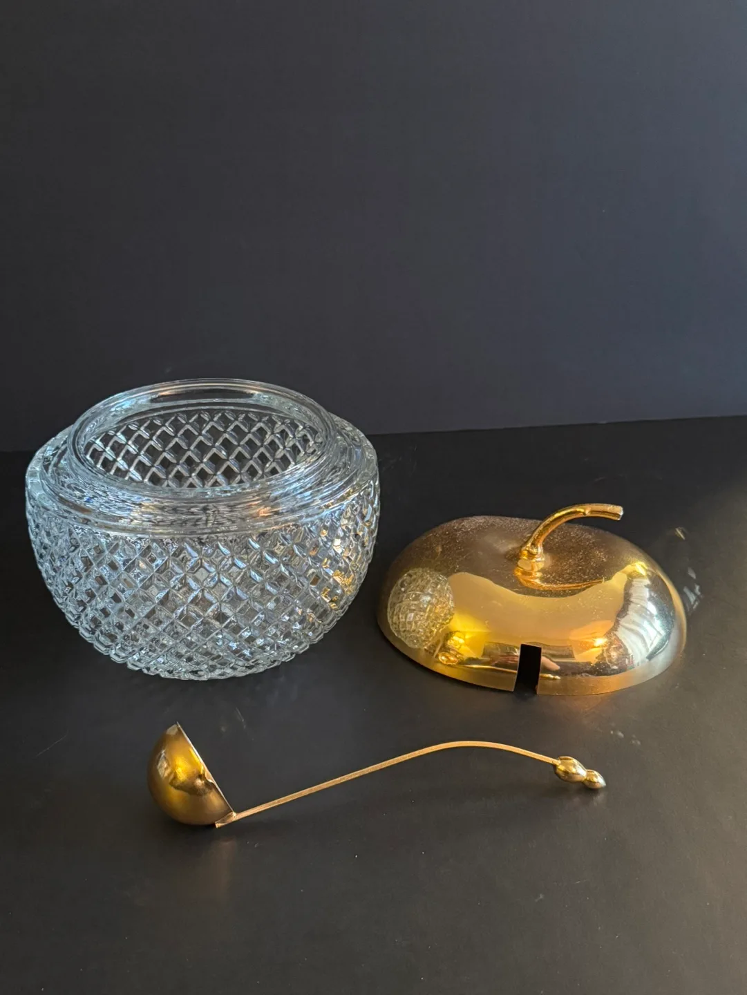 Vintage Glass Apple Shaped Candy Dish with Gold Lid and Ladle image indicator(3)
