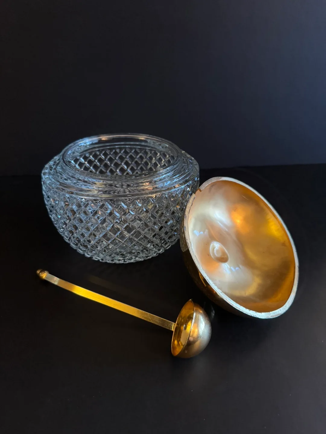 Vintage Glass Apple Shaped Candy Dish with Gold Lid and Ladle image indicator(7)