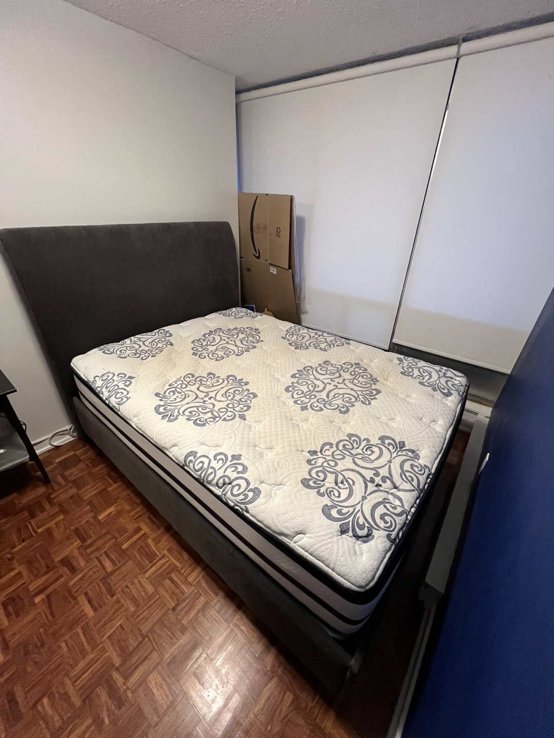 Queen Bed with Grey Bed Frame, Beautyrest mattress and boxspring