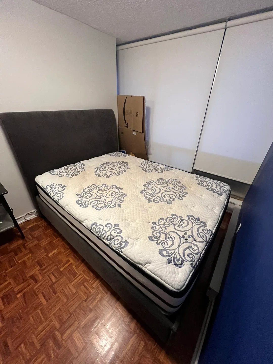 Queen Bed with Grey Bed Frame, Beautyrest mattress and boxspring thumbnail