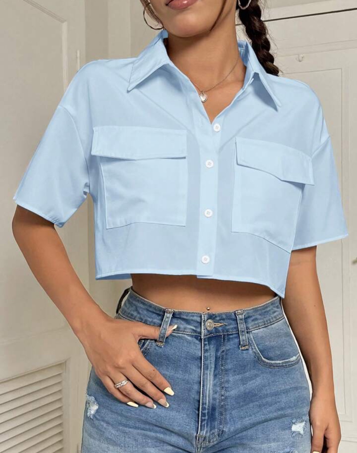 Light Blue Cropped Button-Up Shirt
