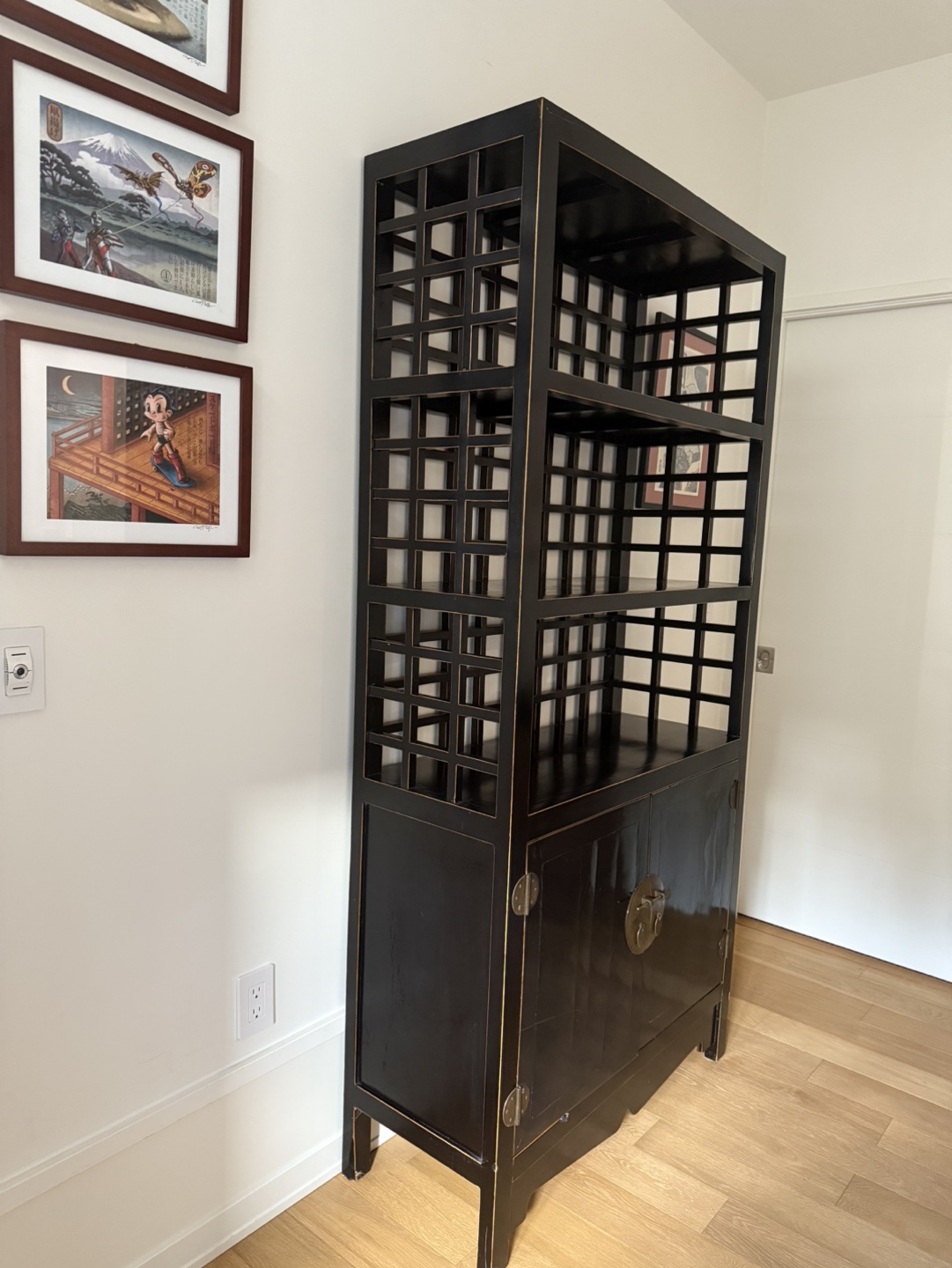 Black Antique Asian-style Cabinet with Lattice Shelves - photo 2