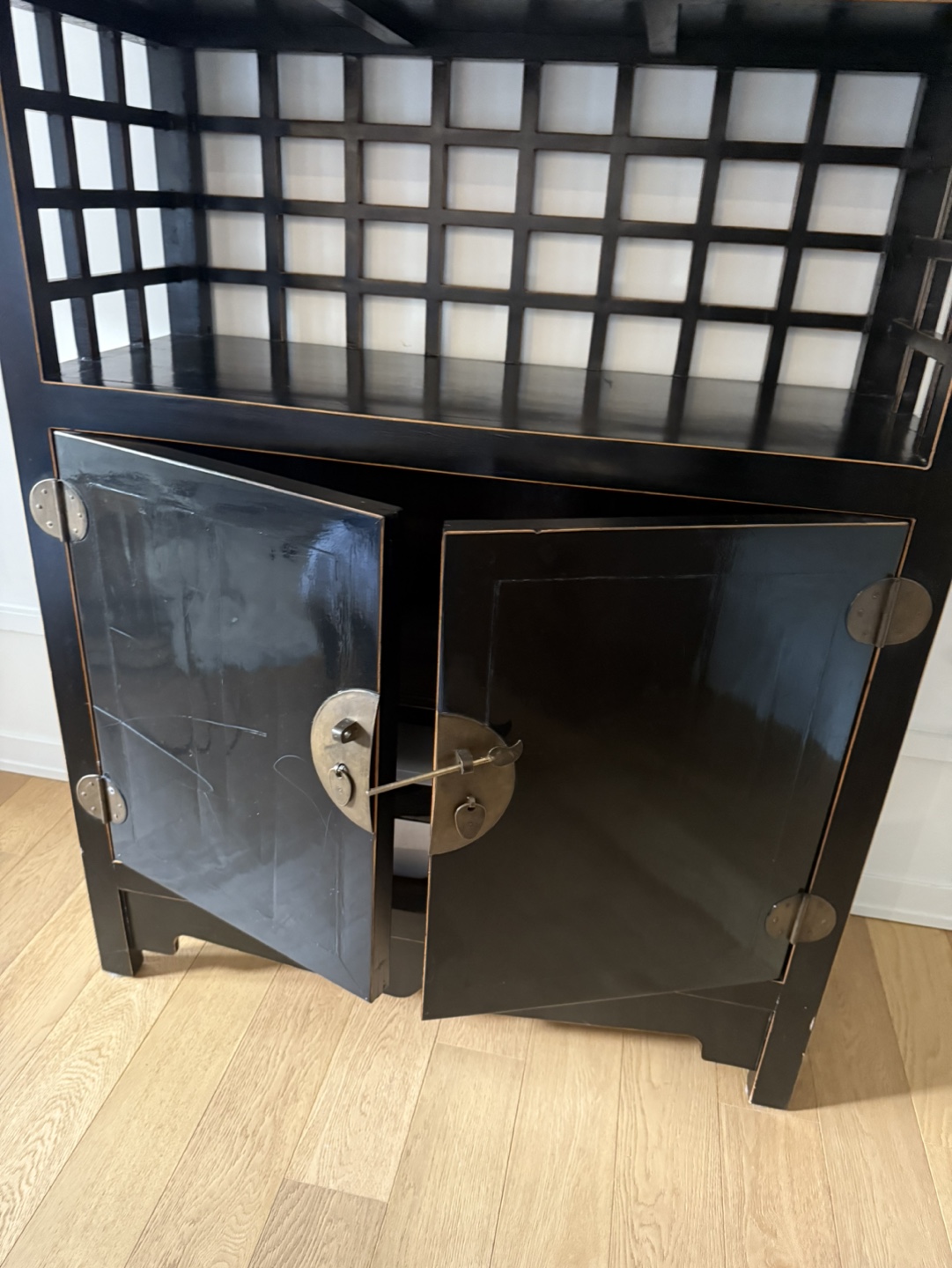 Black Antique Asian-style Cabinet with Lattice Shelves - photo 5