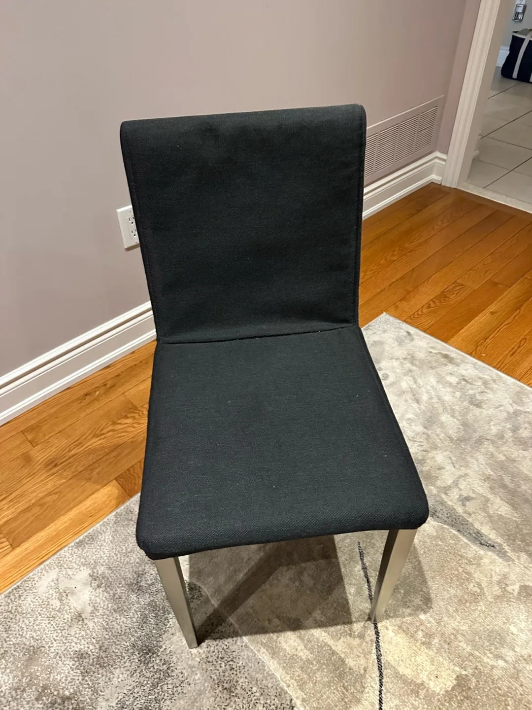 Modern Glass Dining Table with Six Black Fabric Chairs image indicator(2)