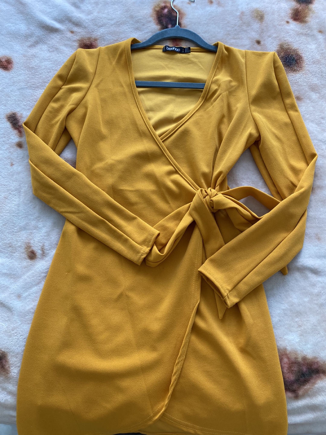 Boohoo Mustard Yellow Wrap Mini Dress Size UK 6
