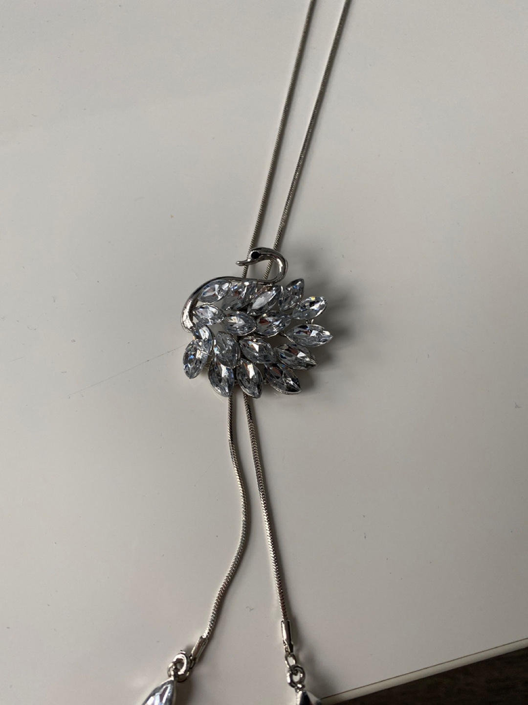 Louise Elliot Elegant Swan Lariat Necklace with Clear Crystals