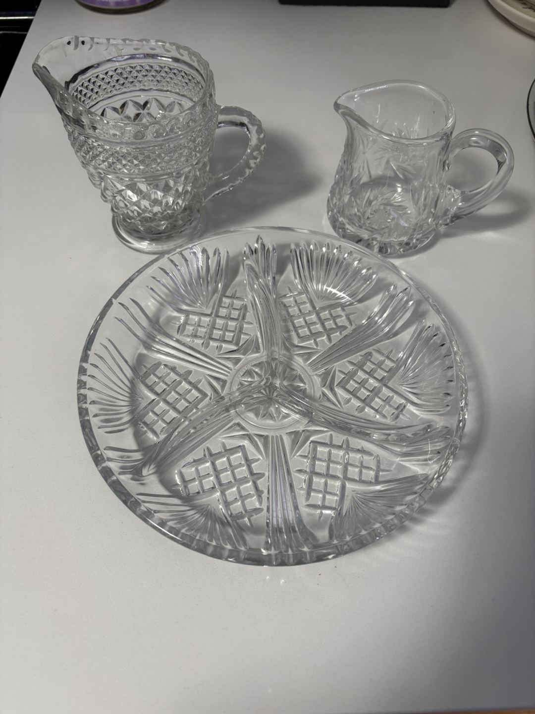Crystal/Glass Creamer, dish and mini desert bowls