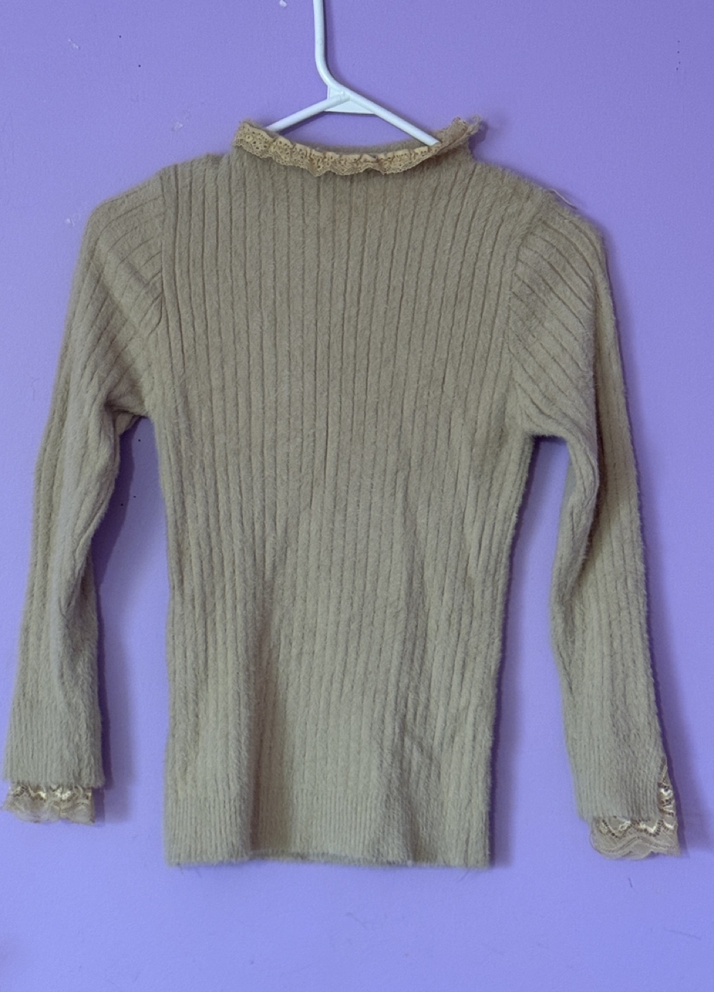 Tan ribbed knit sweater with lace details