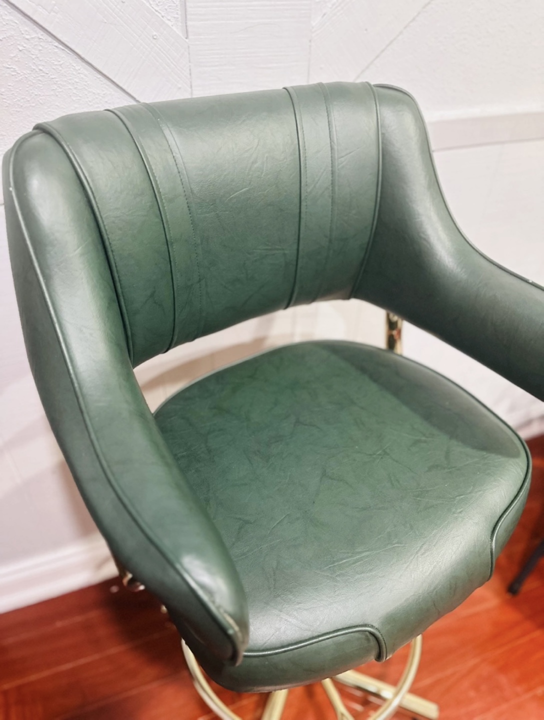 Vintage Green Leather Bar Stool with Gold Base - photo 3