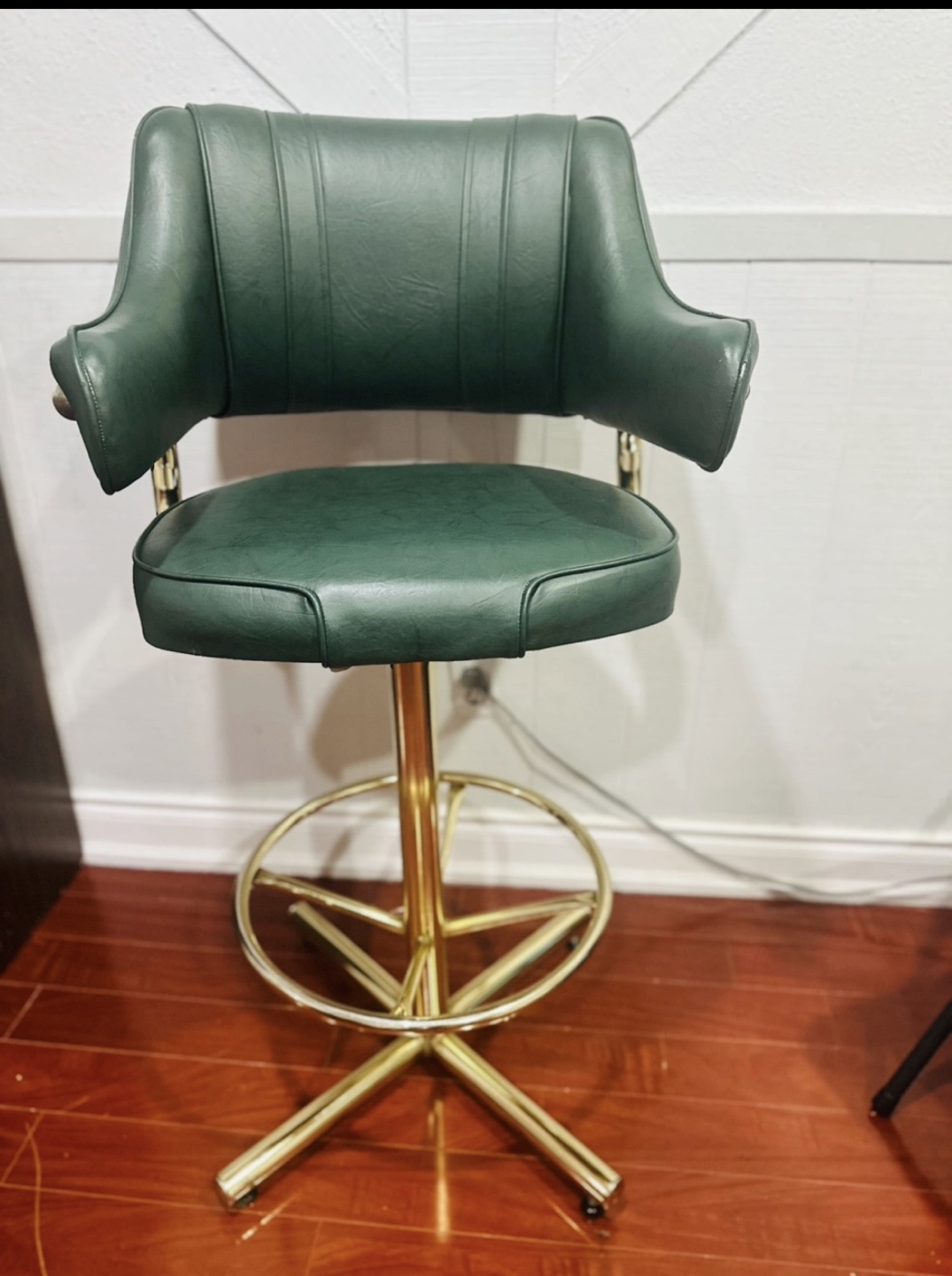 Vintage Green Leather Bar Stool with Gold Base - photo 2