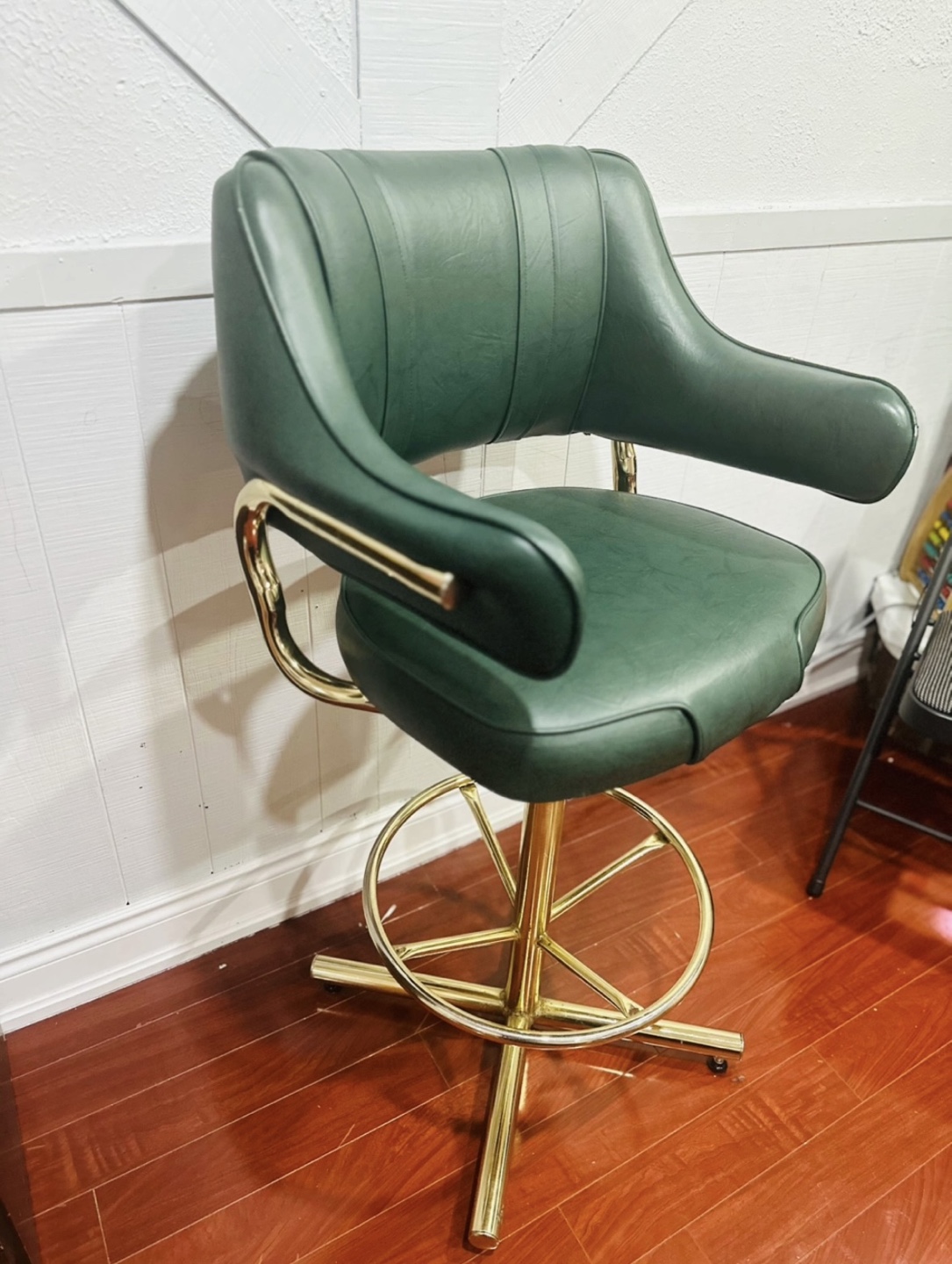 Vintage Green Leather Bar Stool with Gold Base