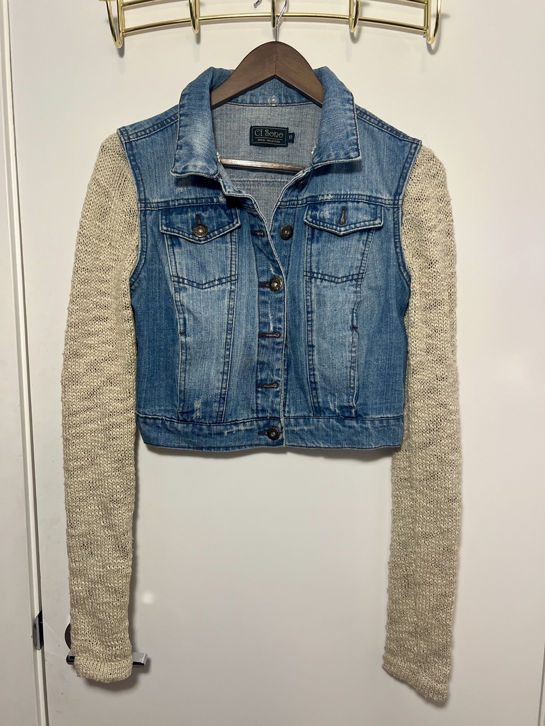 Denim Jacket with Knit Sleeves - Size M