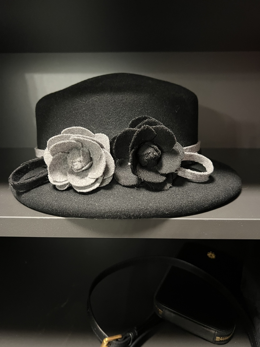Black Wool Cloche Hat with Flowers