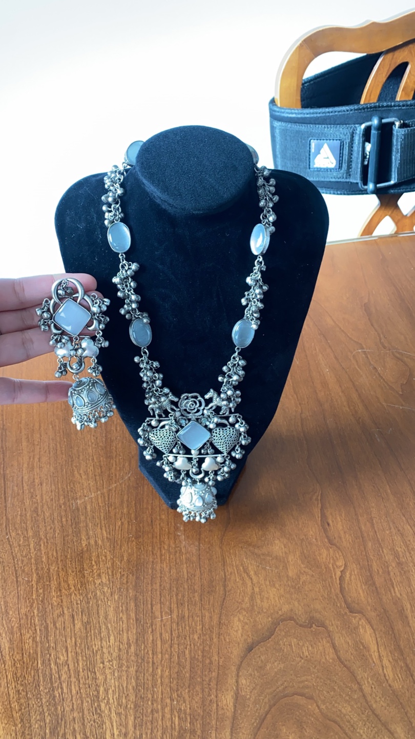 Oxidized Silver Necklace Set with Grey Stones