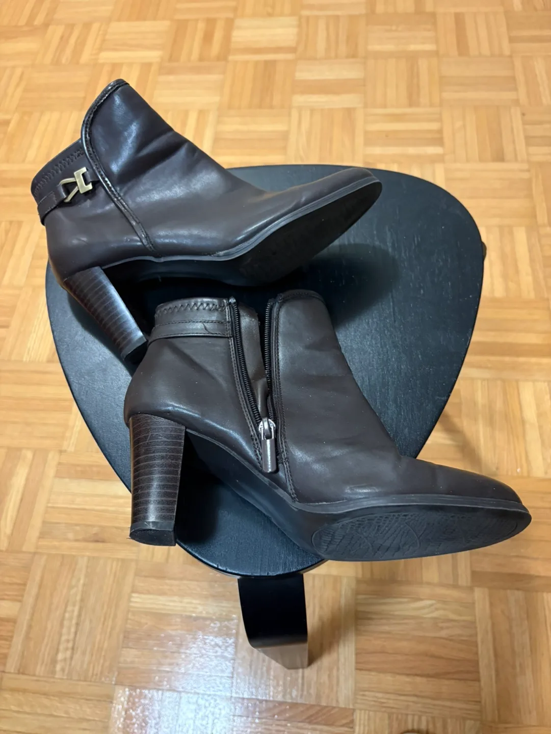 Brown Leather PU Ankle Boots with Block Heels image indicator(2)
