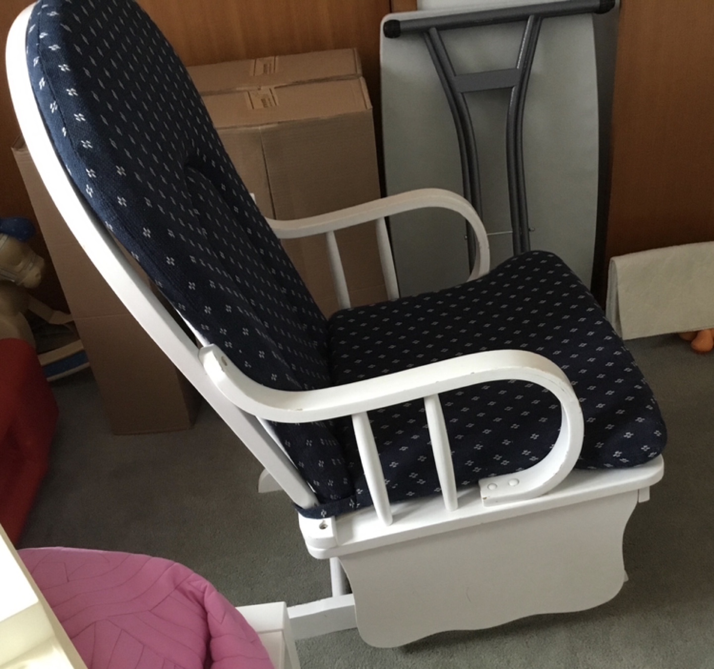 White Glider Rocker with Navy Blue Cushion