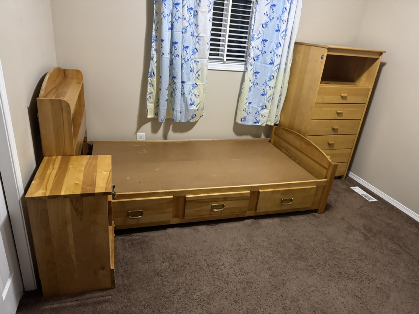 Wooden Twin-Size Bed Frame with Storage Drawers and Matching Set
