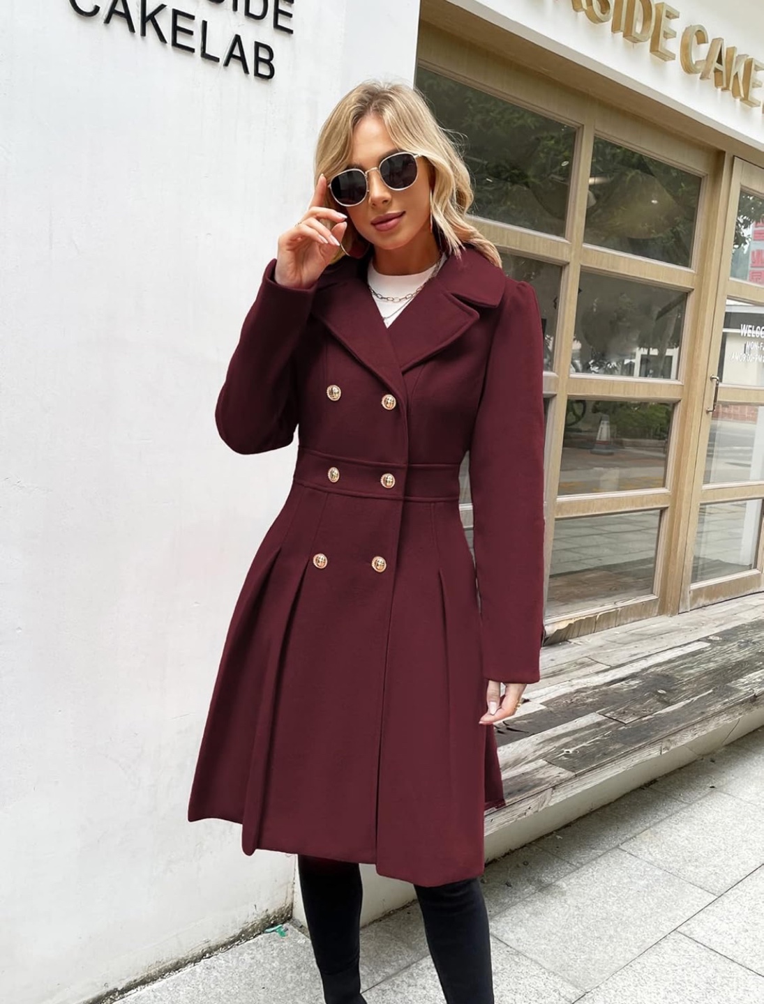 NEW! Burgundy Double Breasted A-Line Peacoat with Pockets