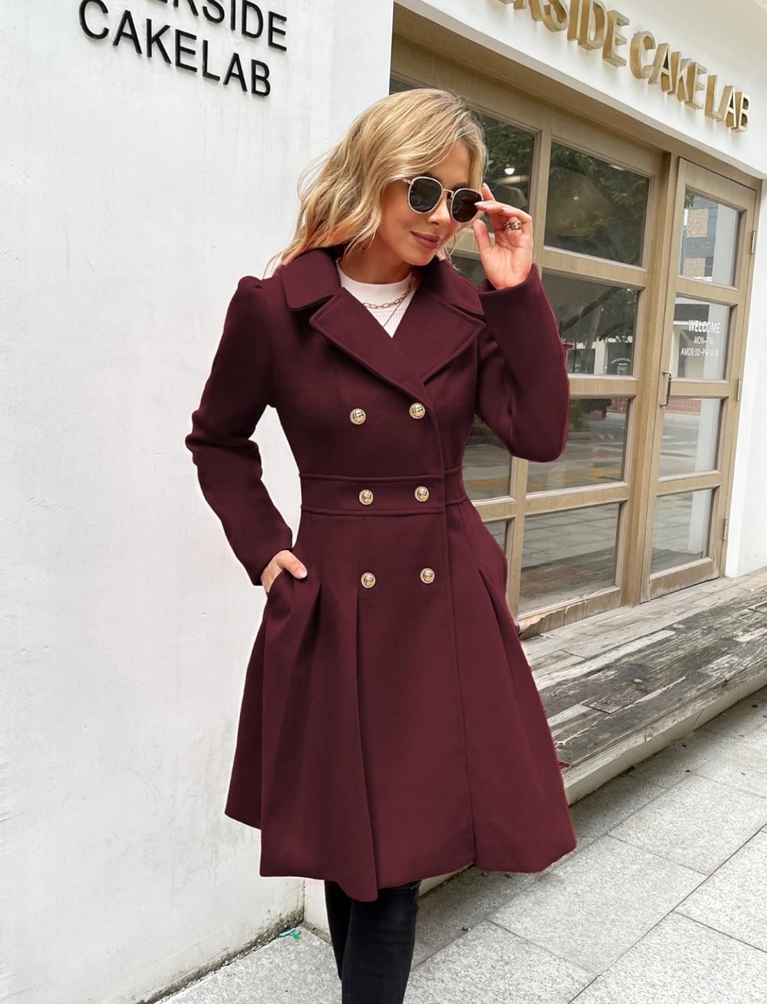 NEW! Burgundy Double Breasted A-Line Peacoat with Pockets - photo 2
