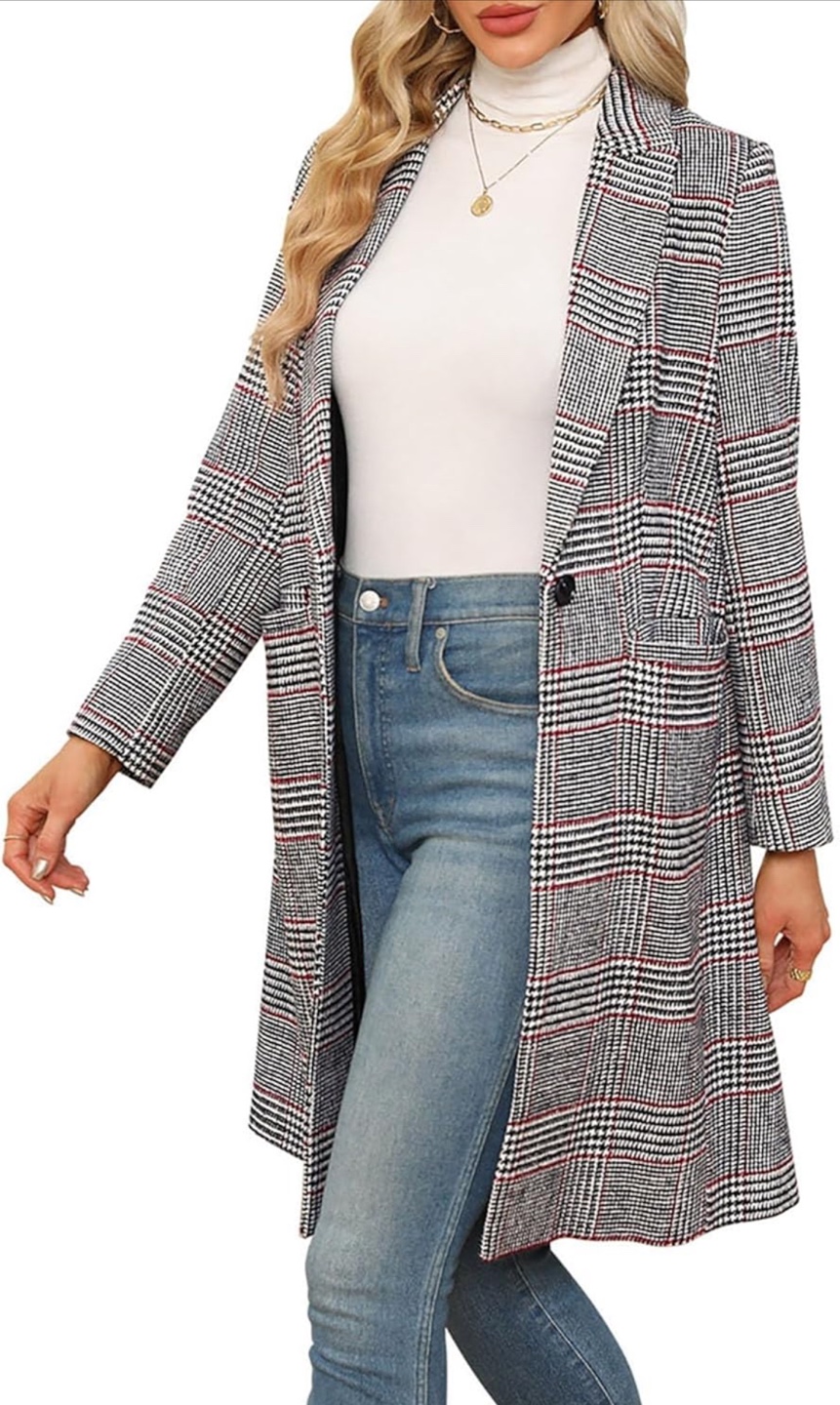 NEW! Notch Lapel Wool Blend Pea Coat Long Plaid Coat - photo 4