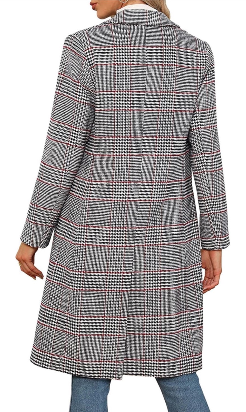 NEW! Notch Lapel Wool Blend Pea Coat Long Plaid Coat - photo 5