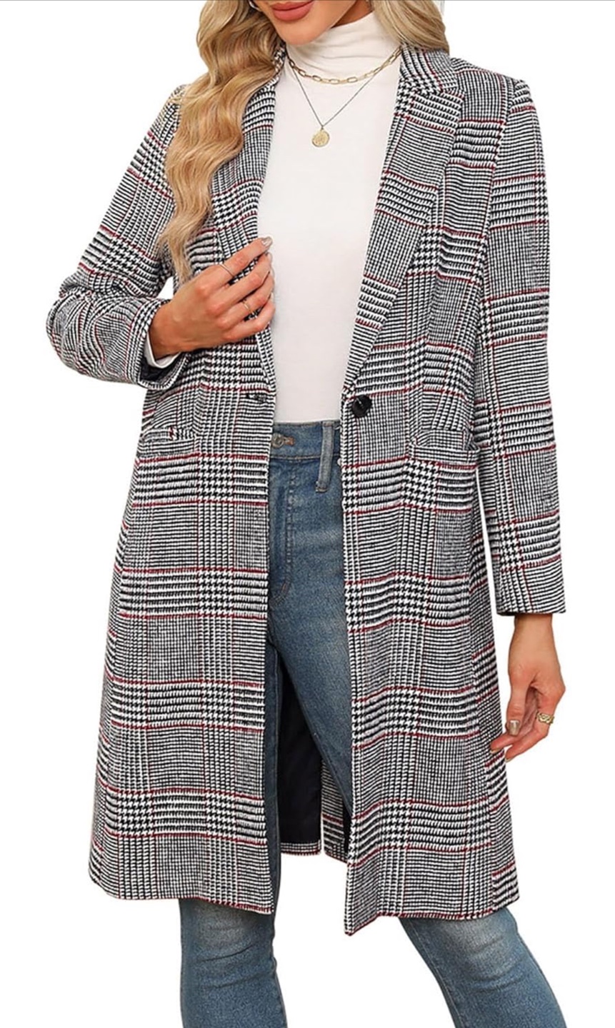 NEW! Notch Lapel Wool Blend Pea Coat Long Plaid Coat - photo 2